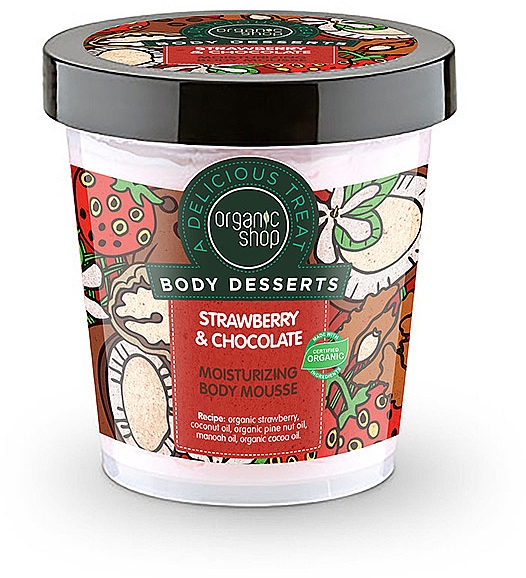 Feuchtigkeitsspendende Körpermousse mit Bio Erdbeere und Kakaobutter - Organic Shop Body Desserts Strawberry & Chocolate