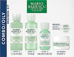 Düfte, Parfümerie und Kosmetik Gesichtspflegeset - Mario Badescu Combo Oily Regimen Kit (Reinigungsgel 59ml + Gesichtslotion 59ml + Gesichtscreme 29ml + Gesichtsmaske 14g + Nachtcreme 3g)