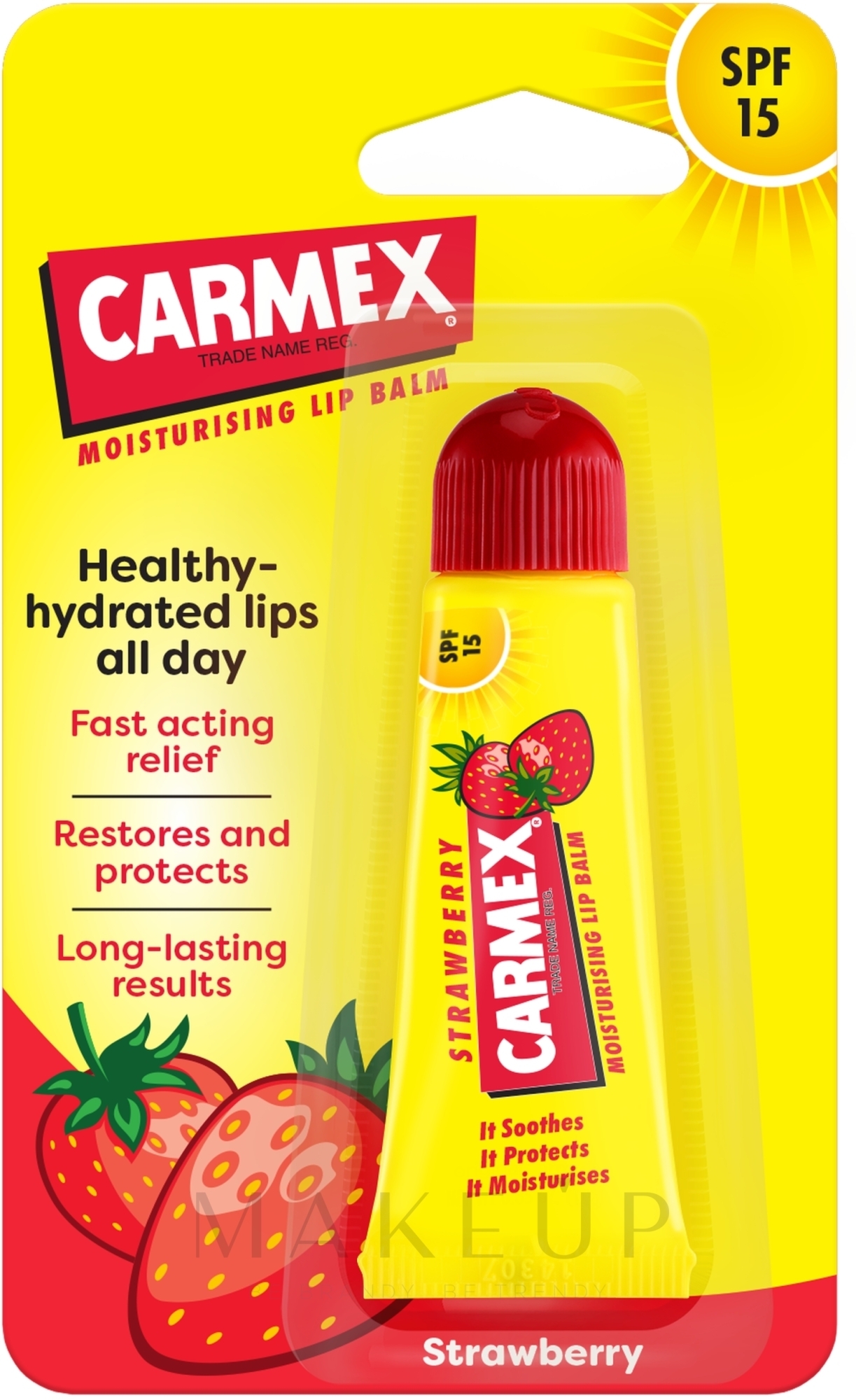 Feuchtigkeitsspendender Lippenbalsam für trockene und rissige Lippen mit Erdbeergeschmack SPF 15 - Carmex Lip Balm — Bild 10 g