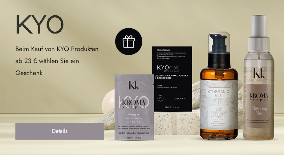 Beim Kauf von KYO Produkten ab 23 € wählen Sie ein Geschenk: ein Kyo Kroma Keeper Shampoo (10 ml) oder einen Kyo Noir Organic Charcoal Conditioner (10 ml).