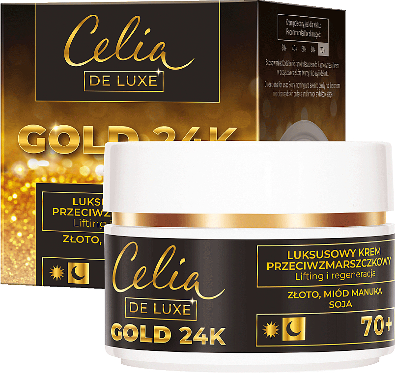 Luxuriöse und regenerierende Anti-Falten Lifting-Gesichtscreme mit 24K Gold, Manuka-Honig und Soja - Celia De Luxe Gold 24K 70+