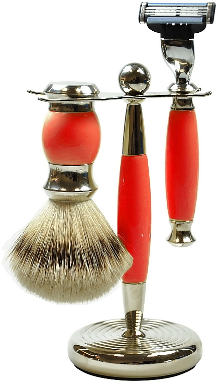 Set - Golddachs Pure Badger, Mach3 Polymer Red Chrom (sh/brush + razor + stand) — Bild N1