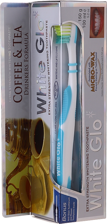 Zahnpflegeset für Kaffee- und Teetrinker - White Glo Coffee & Tea Drinkers Formula Whitening Toothpaste (Zahnpasta 100ml + Zahnbürste weiß-blau) — Bild N1