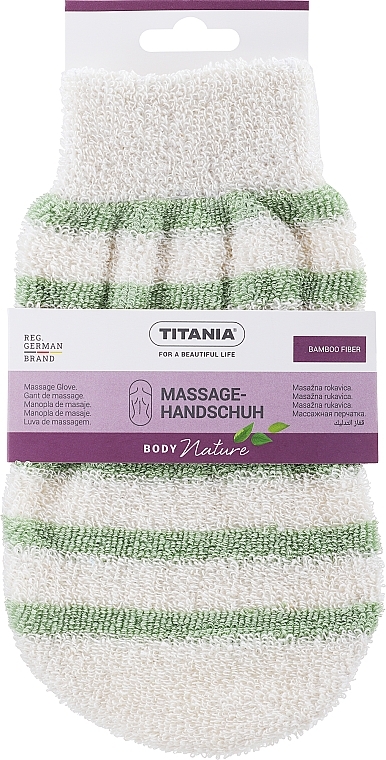 Zweifarbiger Massagehandschuh weiß mit grünen Streifen - Titania — Bild N1