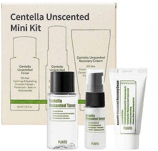 Gesichtspflegeset ohne Geruch - Purito Centella Unscented Mini Kit (Gesichtstonikum 30ml + Gesichtsserum 15ml + Gesichtscreme 12ml) — Bild N1