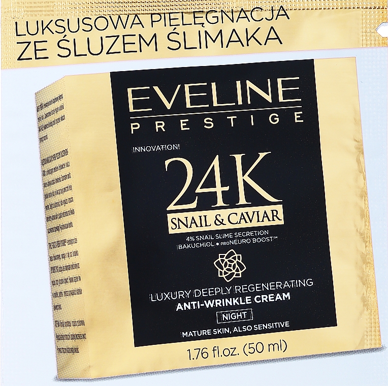 GESCHENK! Luxuriöse tief regenerierende Anti-Falten Nachtcreme für das Gesicht mit Schneckenschleimfiltrat und Kaviarextrakt - Eveline Cosmetics 24K Snail&Caviar Anti Wrinkle Cream Night (Probe) — Bild N1