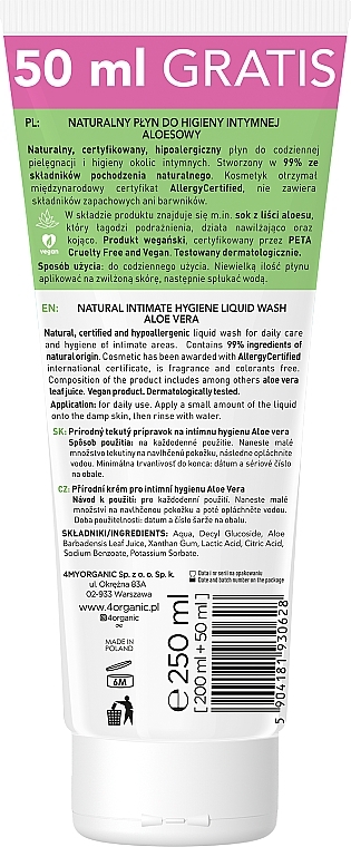 Natürliche Flüssigkeit für die Intimhygiene mit Aloe - 4Organic Natural Intimate Wash Aloe — Bild N2