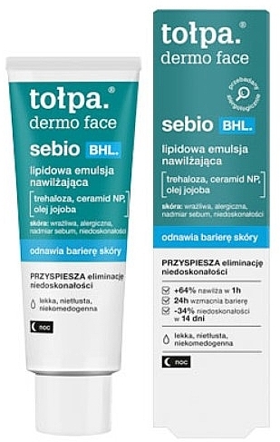 Lipid-feuchtigkeitsspendende Gesichtsemulsion - Tolpa Dermo Face Sebio BHL — Bild N1