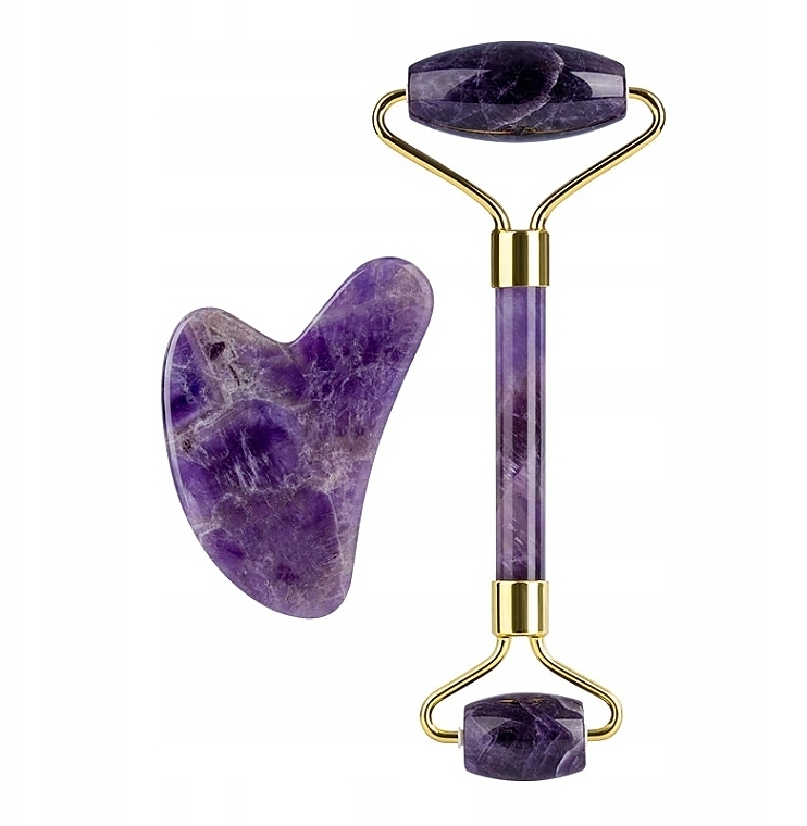 Massage-Set lila Amethyst - Yeye (Massageroller + Massageplatte Gua-Sha)  — Bild N1