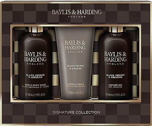 Gesichts- und Körperpflegeset - Baylis & Harding Black Pepper & Ginseng Men's Luxury Bathing Trio Gift Set (Duschgel 300ml + After Shave Balsam 200ml + Shampoo 300ml) — Bild N2