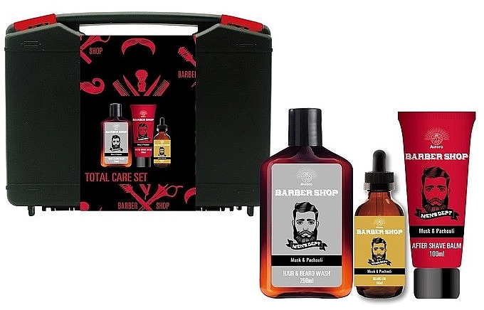 Set - Aurora Men Barber Shop Musk & Patchouli Set (Shampoo 300ml + After Shave Balsam 100ml + Bartöl 60ml + Box 1 St.) — Bild N1