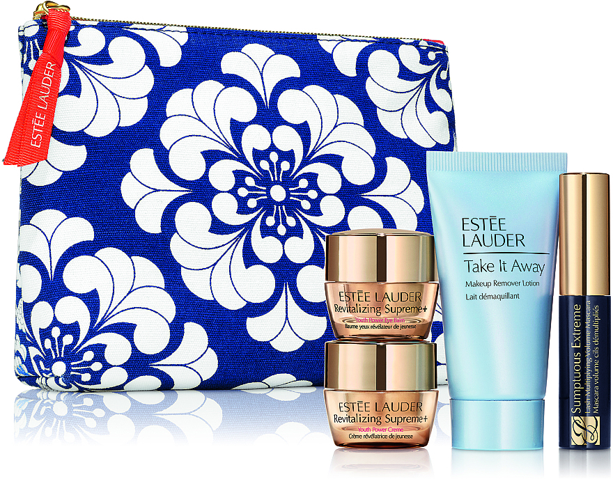 GESCHENK! Kosmetiktasche mit Inhalt blau - Estee Lauder (lot/30ml + cr/7ml + eye/balm/5ml + mascara/2.8ml + pouch) — Bild N1