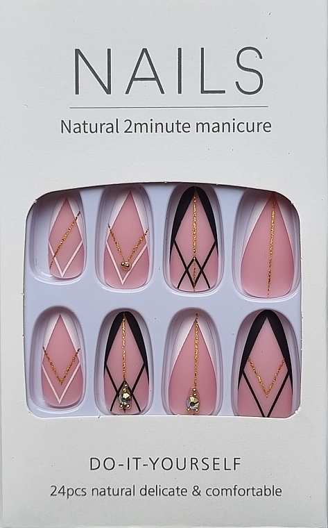 Falsche Nägel schwarz und weiß mit goldenen Akzenten 24 St. - Deni Carte Nails Natural 2 Minutes Manicure — Bild N1