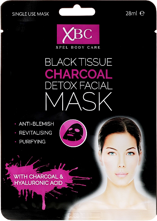 Revitalisierende und erfrischende Detox Tuchmaske mit Aktivkohle und Hyaluronsäure - Xpel Marketing Ltd Body Care Black Tissue Charcoal Detox Facial Face Mask — Bild N1