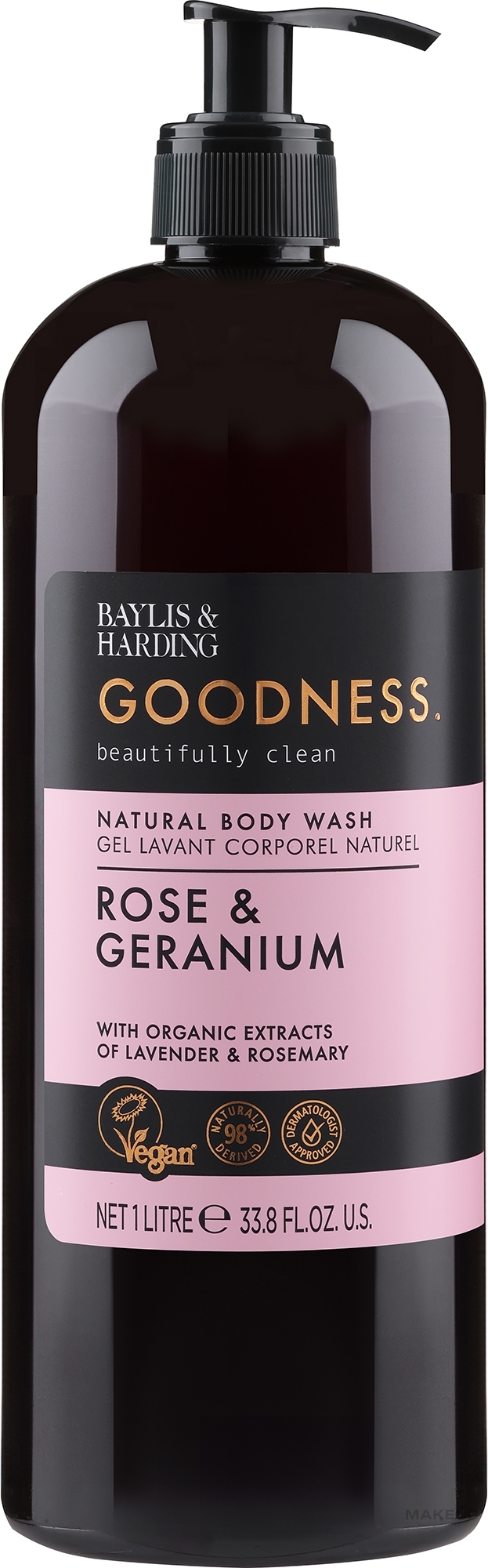 Natürliches Duschgel Rose & Geranie - Baylis & Harding Goodness Rose & Geranium Natural Body Wash — Bild 1000 ml