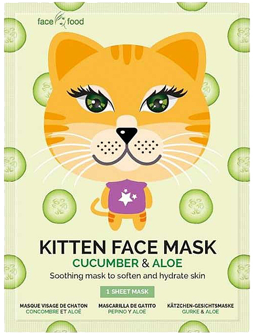 Beruhigende und feuchtigkeitsspendende Tuchmaske mit Aloe- und Gurkenextrakt - 7th Heaven Face Food Kitten Face Mask Cucumber & Aloe — Bild N1
