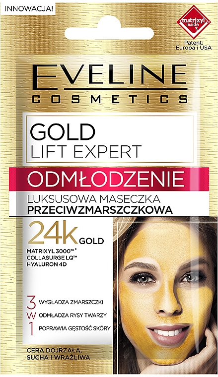 Verjüngende Gesichtsmaske mit 24K Gold und Kollagen - Eveline Cosmetics Gold Lift Expert Rejuvenation Mask