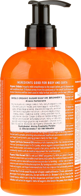 4in1 Flüssige Zuckerseife mit Teebaumextrakt für Haar, Körper, Gesicht und Hände - Dr. Bronner’s Organic Sugar Soap Tea Tree — Bild N2