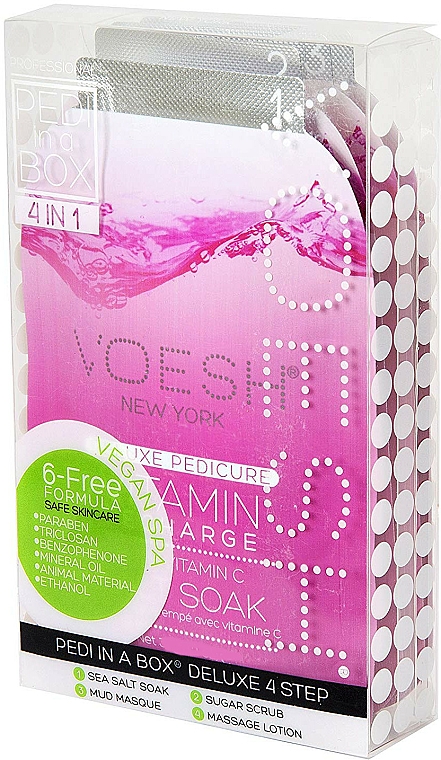 4-stufige Vitamin Recharge Fußpflege - Voesh Deluxe Pedicure Vitamin Recharge In A Box 4in1 (1. Meer Badesalz, 2. Zuckerpeeling, 3. Schlammmaske, 4. Massagebutter) (35 g)