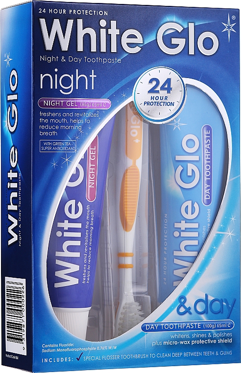 Zahnpflegeset - White Glo Night & Day Toothpaste (Zahnpasta 65ml + Zahngel 65ml + Zahnbürste) — Bild N1