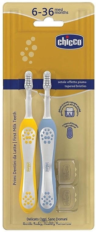 Zahnbürsten-Set für die ersten Zähne 6-36 Monate blau, gelb - Chicco First Milk Teeth (toothbrush/2pcs)  — Bild N1