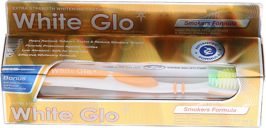 Zahnpflegeset für Raucher - White Glo Smokers Formula Whitening Toothpaste (Zahnpasta 100ml + Zahnbürste orange) — Bild N1