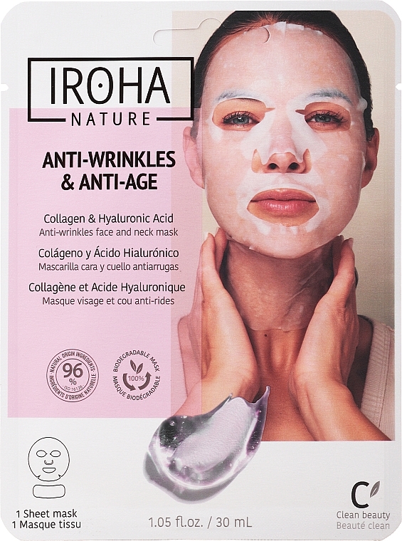 Anti-Aging Tuchmaske für Gesicht und Hals mit Hyaluronsäure und Kollagen - Iroha Nature Anti-Age Collagen 100% Cotton Face & Neck Mask — Bild N1