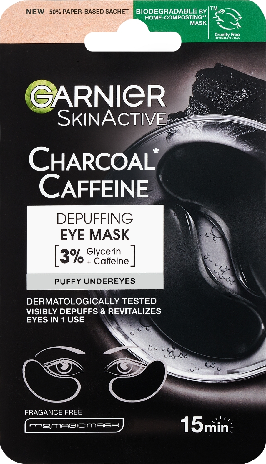 Beruhigende Maskenpflaster für die Augen - Garnier SkinActive Charcoal Caffeine Depuffing Eye Mask — Bild 5 g