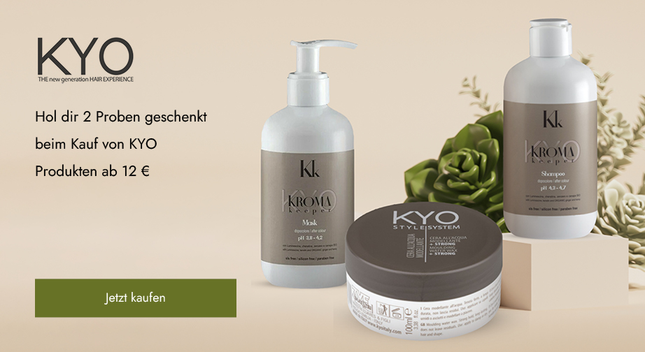 Beim Kauf von KYO Produkten ab 12 € erhältst du 2 Proben geschenkt: ein Kyoorganic Shampoo (10 ml), einen Kyoorganic Conditioner (10 ml)