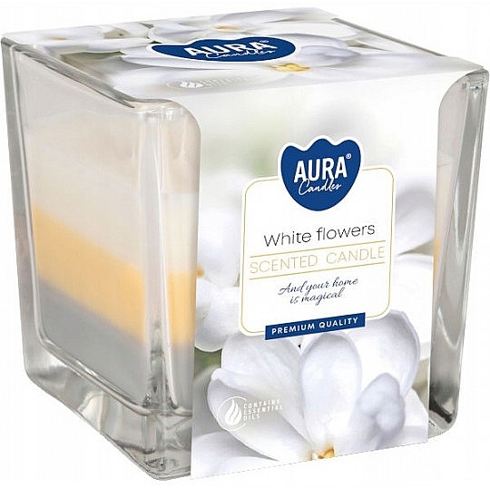 Kerze in einem quadratischen Glas weiße Blumen - Bispol Aura White Flowers Candles — Bild N1