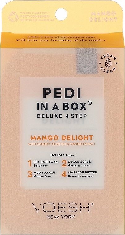 4-stufige Mango Delight Fußpflege - Voesh Deluxe Pedicure Mango Delight In A Box 4in1 (1. Meer Badesalz, 2. Zuckerpeeling, 3. Schlammmaske, 4. Massagebutter)(35g) — Bild N1