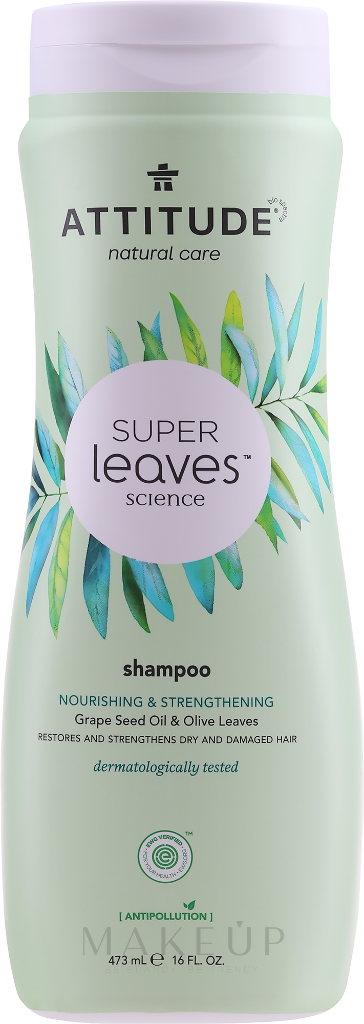 Pflegendes und stärkendes Shampoo mit Traubenkernöl und Olivenblätter für trockenes und geschädigtes Haar - Attitude Super Leaves Shampoo Nourishing & Strengthening Grape Seed Oil & Olive Leaves — Bild 473 ml