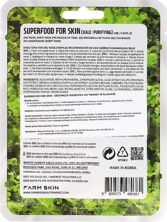 Tiefenreinigende Tuchmaske mit Grünkohl-Extrakt - Farmskin Superfood For Skin Purifying Sheet Mask — Bild N2