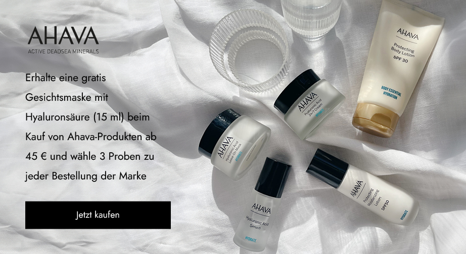 Erhalte eine gratis Gesichtsmaske mit Hyaluronsäure (15 ml) beim Kauf von Ahava-Produkten ab 45 € und wähle 3 Proben zu jeder Bestellung der Marke