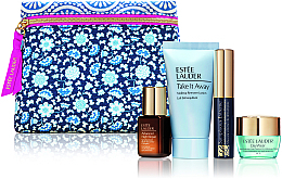 GESCHENK! Kosmetiktasche mit Inhalt weiß-blau - Estee Lauder (lot/30ml + cr/15ml + eye/balm/7ml + mascara/2.8ml + pouch) — Bild N1