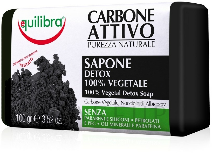 Gesichts- und Körperseife mit Aktivkohle und Aprikosenkernpulver - Equilibra Active Charcoal 100% Vegetal Detox Soap — Bild 100 g