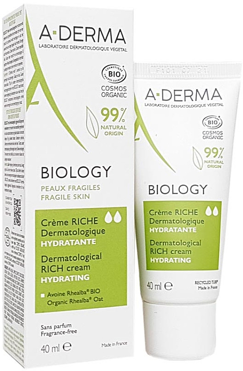 Reichhaltige feuchtigkeitsspendende Bio-Gesichtscreme für empfindliche trockene Haut - A-Derma Biology Organic Rich Moisturizing Cream — Bild N1