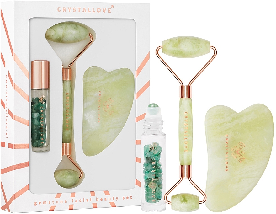 Gesichtspflegeset - Crystallove Quartz Beauty Set Jade (Massageroller 1 St. + Massageplatte 1 St. + Flasche für Öle mit Kristallen 1 St.) — Bild N1