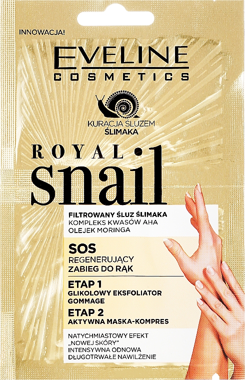 Regenerierende Peelingmaske für die Hände mit Moringa-Öl und Säurekomplex - Eveline Cosmetics Royal Snail Sos Regenerating Hand Treatment 