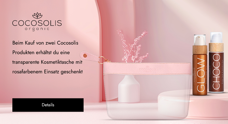 Beim Kauf von zwei Cocosolis Produkten erhältst du eine transparente Kosmetiktasche mit rosafarbenem Einsatz geschenkt