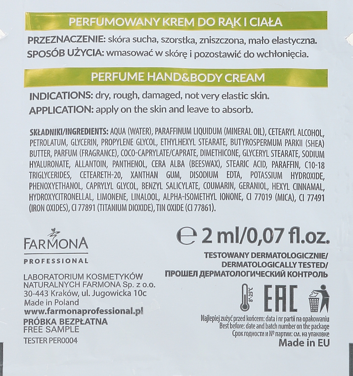 Parfümierte Hand- und Körpercreme - Farmona Professional Perfume Hand&Body Cream Gold (Probe)  — Bild N2