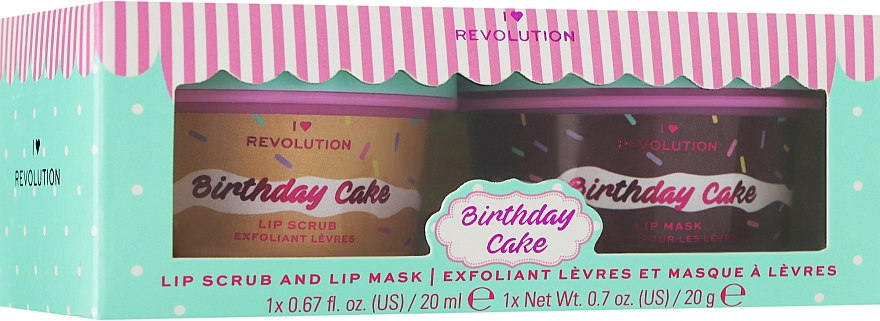 Set - I Heart Revolution Lip Care Duo Birthday Cake (lip/scrub/20g + lip mask/20ml) — Bild N1