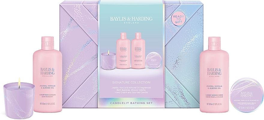 Körperpflegeset - Baylis & Harding Jojoba, Vanilla & Almond Oil Gift Wrapped Candletlit Gift Set (Duschcreme 300ml + Hand- und Körperlotion 50ml + Badeschaum 300ml + Kerze 60g) — Bild N2