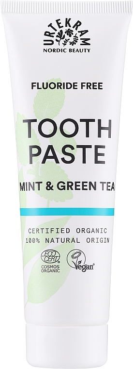 Organische Zahnpasta für gesundes Zahnfleisch und Zähne mit Minze und grünem Tee - Urtekram Cosmos Organic Mint and Green Tea Toothpaste