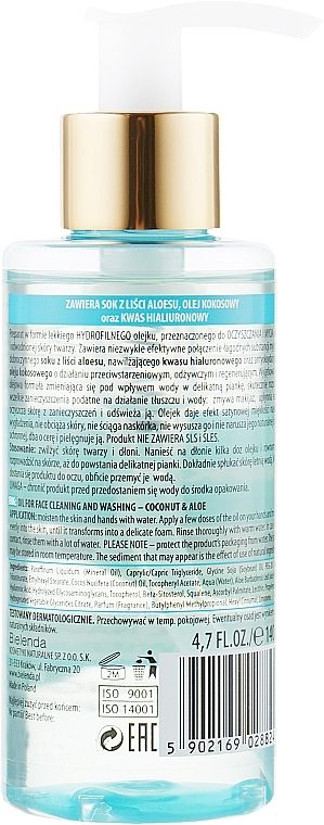 Feuchtigkeitsspendendes Gesichtsreinigungsöl für dehydrierte Haut mit Kokosnuss und Aloe - Bielenda Hydra Care Kokos & Aloes — Bild N2