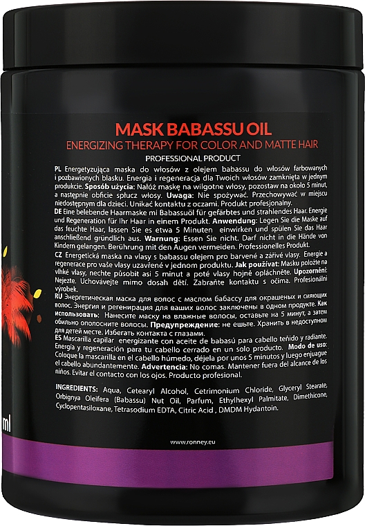 Energetisierende Haarmaske für coloriertes Haar mit Babassuöl - Ronney Mask Babassu Oil Energizing Therapy — Bild N4