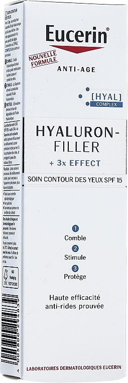 Feuchtigkeitsspendende Anti-Aging Augencreme mit Hyaluronsäure, Saponin und Enoxolone SPF 15 - Eucerin Hyaluron-Filler + 3x Effect SPF 15 — Bild N2
