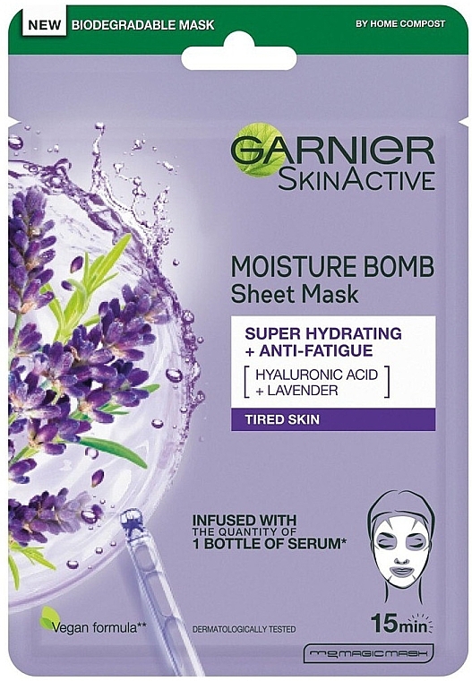 Tuchmaske für das Gesicht - Garnier Skin Active Moisture Bomb Super Hydrating + Anti-Fatigue Lavender Acid & Hyaluronic — Bild N1