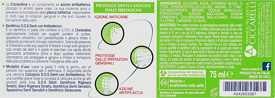 Zahnpasta Antibakteriell mit Chlorhexidin - Dr. Ciccarelli S.O.S Denti Protection With Chlorhexidine — Bild N3