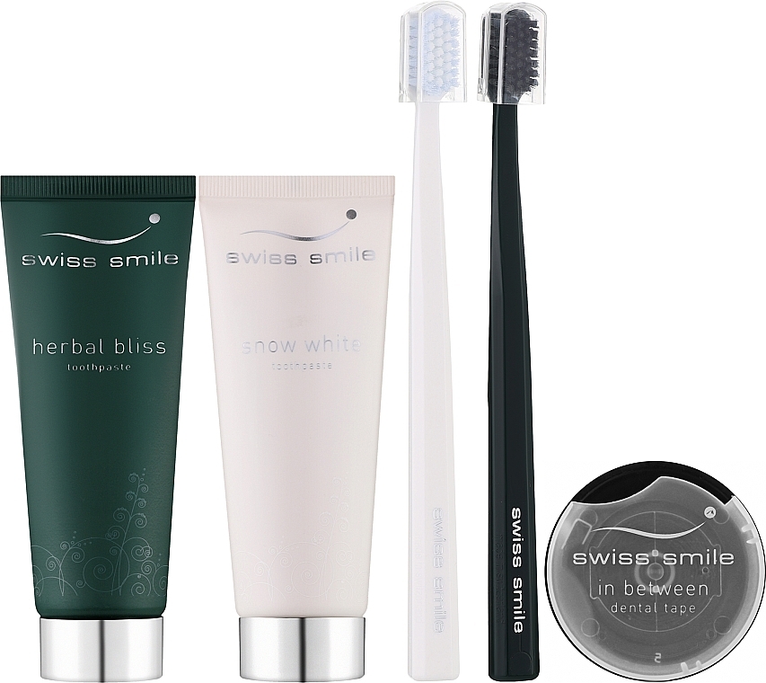 Zahnpflegeset Tag und Nacht - Swiss Smile Day & Night Dental Beauty Kit (Zahnpasta 75ml + Zahnbürste 1 St. + Zahnpasta 75ml + Zahnbürste 1 St. + Zahnband 1 St.) — Bild N1